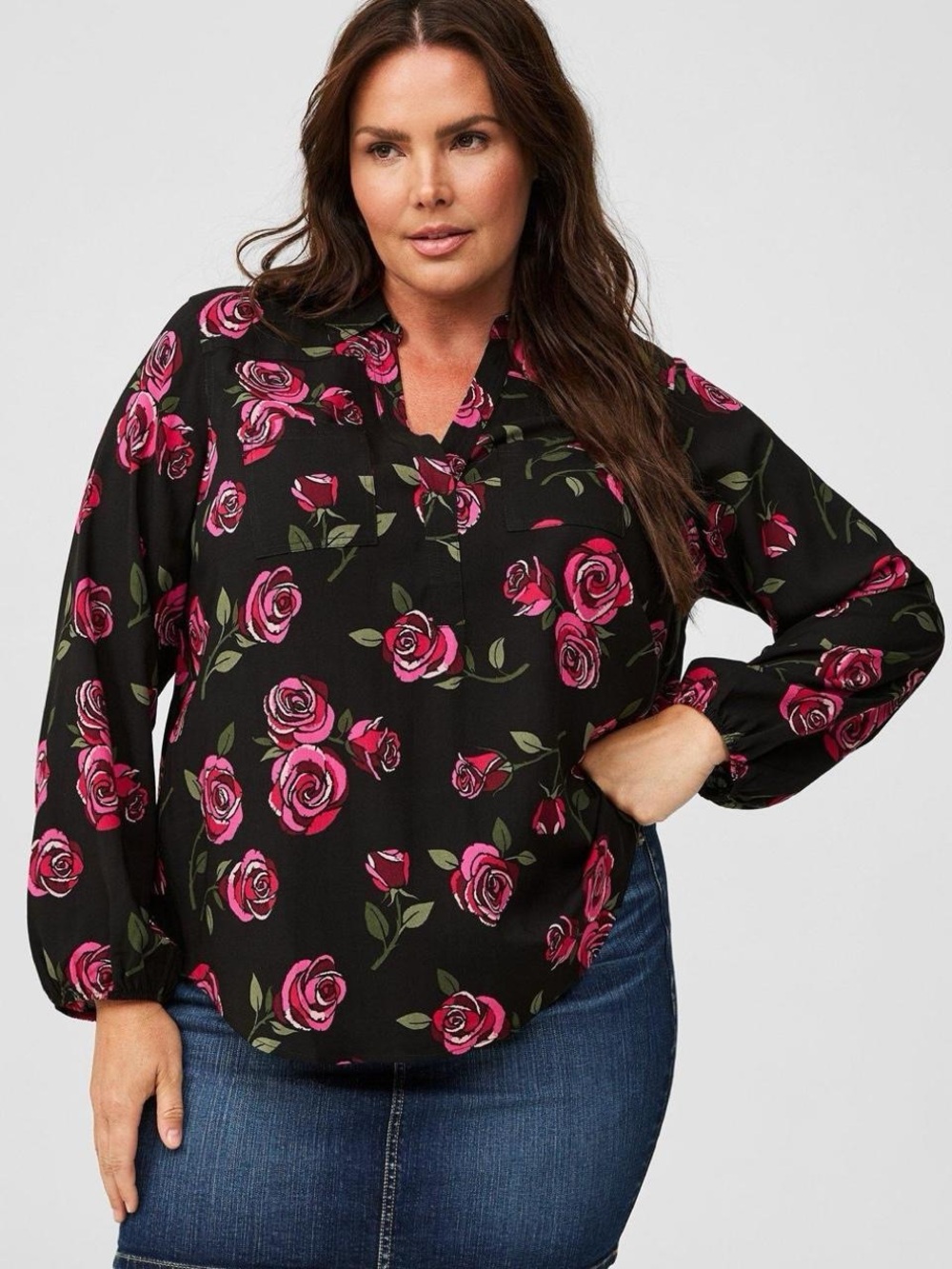 Retro Challis Rose Blouse 00 Whimsigoth Dark Romantic Office Siren Collared